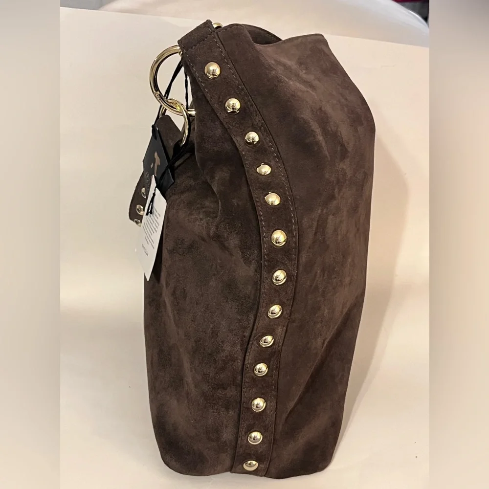 Claudia Firenze Hobo Shoulder Bag Chocolate Brown Suede Studs - Picture 3 of 16